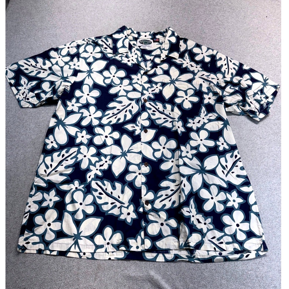 Hawaiian Islands Mens 2XL Blue Floral Hawaiian Aloha‎ Shirt Made In Hawaii USA